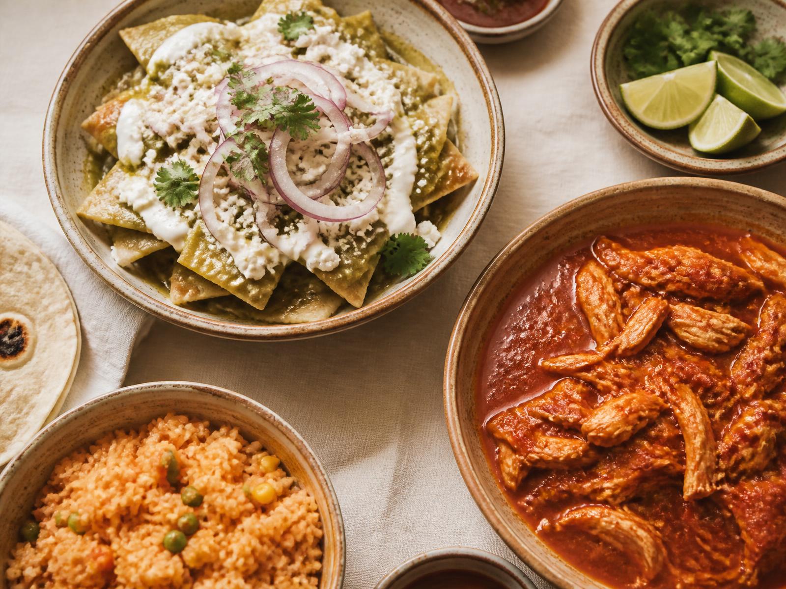 Platillos de Latina Bite: chilaquiles verdes, arroz y pollo en salsa roja